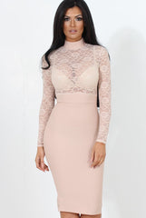 Nude Lace High Neck Midi Dress-Neriah-Dresses