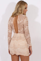 Nude Lace High Neck Mini Dress - Taya-Dresses