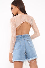 Nude Lace Long Sleeve Open Back Bodysuit - Ellice-Bodysuits