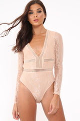 Nude Lace Long Sleeve Open Back Bodysuit - Ellice-Bodysuits