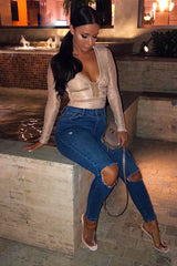 Nude Lace Long Sleeve Open Back Bodysuit - Ellice-Bodysuits