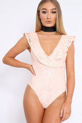 Nude Lace Plunge Frill Bodysuit - Maelani-Bodysuits