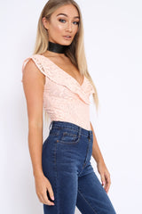 Nude Lace Plunge Frill Bodysuit - Maelani-Bodysuits