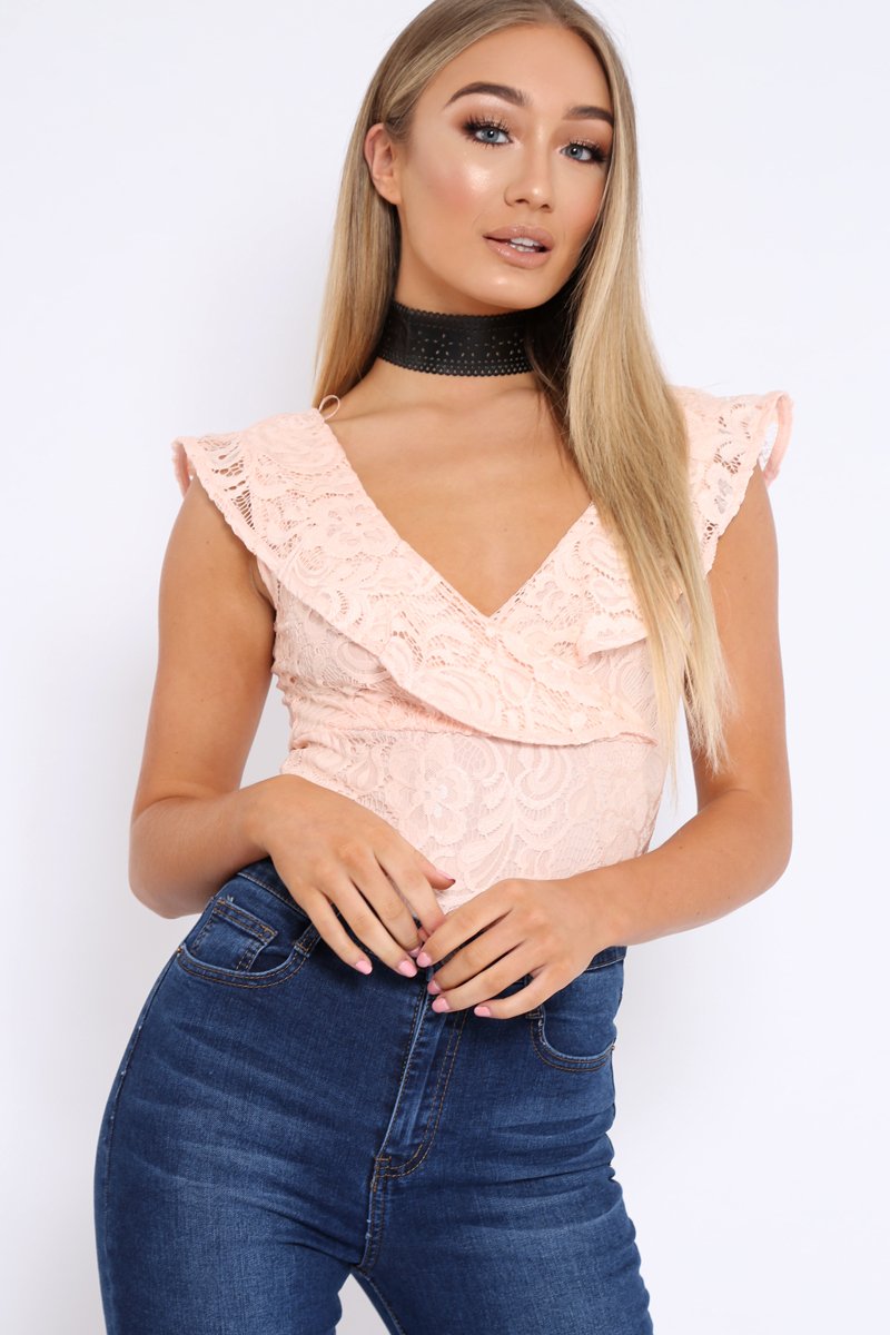 Nude Lace Plunge Frill Bodysuit - Maelani-Bodysuits