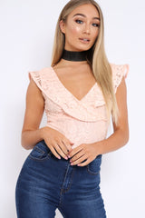 Nude Lace Plunge Frill Bodysuit - Maelani-Bodysuits