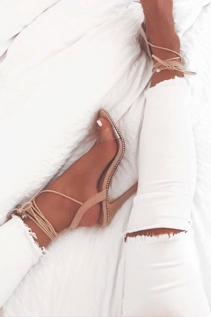 Nude Lace Up Clear Peep Toe Studded Heels - Mayana-Heels