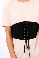 Nude Lace Up Ribbed T-Shirt - Claudie-Tops