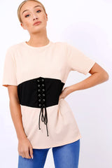 Nude Lace Up Ribbed T-Shirt - Claudie-Tops