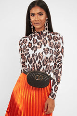 Nude Leopard Print Slinky High Neck Bodysuit - Abira-Bodysuits