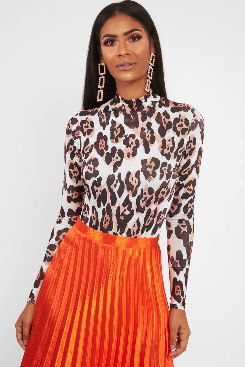 Nude Leopard Print Slinky High Neck Bodysuit - Abira-Bodysuits