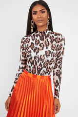 Nude Leopard Print Slinky High Neck Bodysuit - Abira-Bodysuits