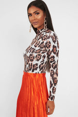 Nude Leopard Print Slinky High Neck Bodysuit - Abira-Bodysuits