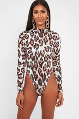 Nude Leopard Print Slinky High Neck Bodysuit - Abira-Bodysuits