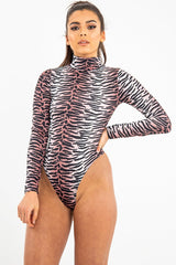 Nude Long Sleeve Tiger Print Bodysuit - Reylee-Bodysuits