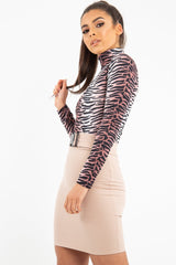 Nude Long Sleeve Tiger Print Bodysuit - Reylee-Bodysuits