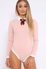 Nude Long Sleeved Striped Bow Bodysuit - Lashay-Bodysuits