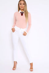 Nude Long Sleeved Striped Bow Bodysuit - Lashay-Bodysuits