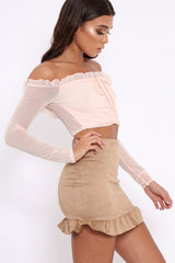 Nude Mesh Bardot Ruched Front Crop Top - Carlita-Tops