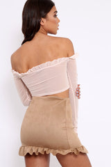 Nude Mesh Bardot Ruched Front Crop Top - Carlita-Tops