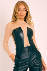 Nude Mesh Black Faux Leather Panel Bodysuit - Reily-Bodysuits
