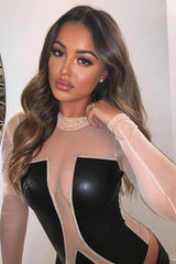 Nude Mesh Black Faux Leather Panel Bodysuit - Reily-Bodysuits