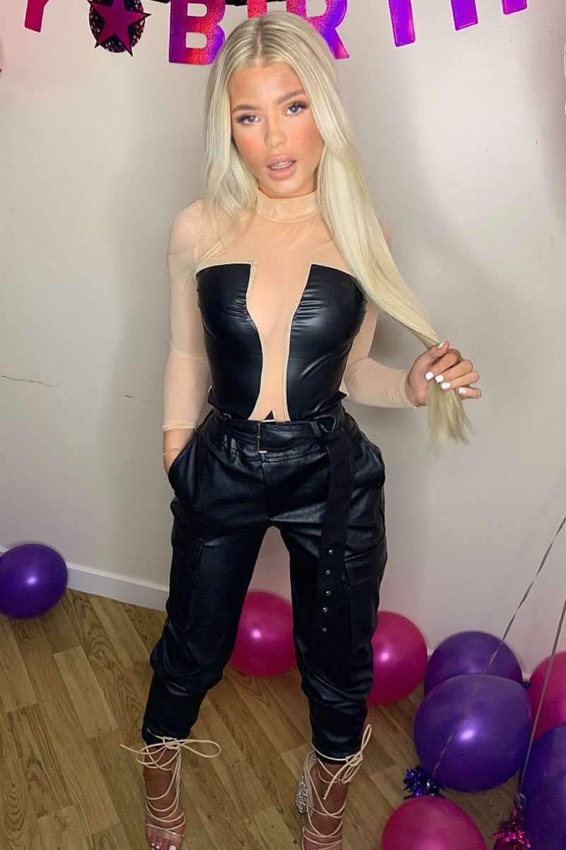 Nude Mesh Black Faux Leather Panel Bodysuit - Reily-Bodysuits