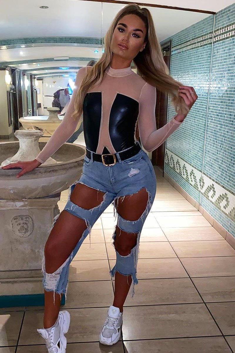 Nude Mesh Black Faux Leather Panel Bodysuit - Reily-Bodysuits