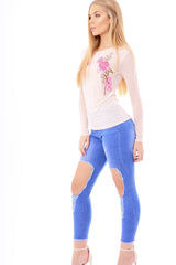 Nude Mesh Floral Embroidered Long Sleeve Top - Lisha-Tops