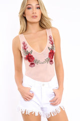 Nude Mesh Floral Embroidered Plunge Bodysuit - Elenore-Bodysuits