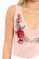 Nude Mesh Floral Embroidered Plunge Bodysuit - Elenore-Bodysuits