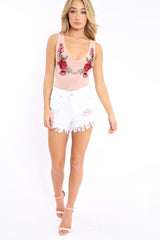 Nude Mesh Floral Embroidered Plunge Bodysuit - Elenore-Bodysuits