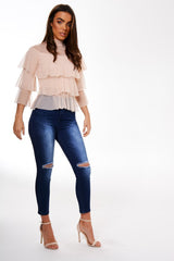 Nude Mesh Frill Top - Marnie-Tops