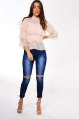 Nude Mesh Frill Top - Marnie-Tops