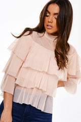 Nude Mesh Frill Top - Marnie-Tops