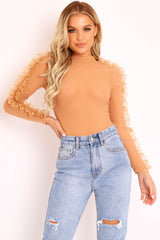 Nude Mesh High Neck Frill Sleeve Bodysuit - Carla-Bodysuits