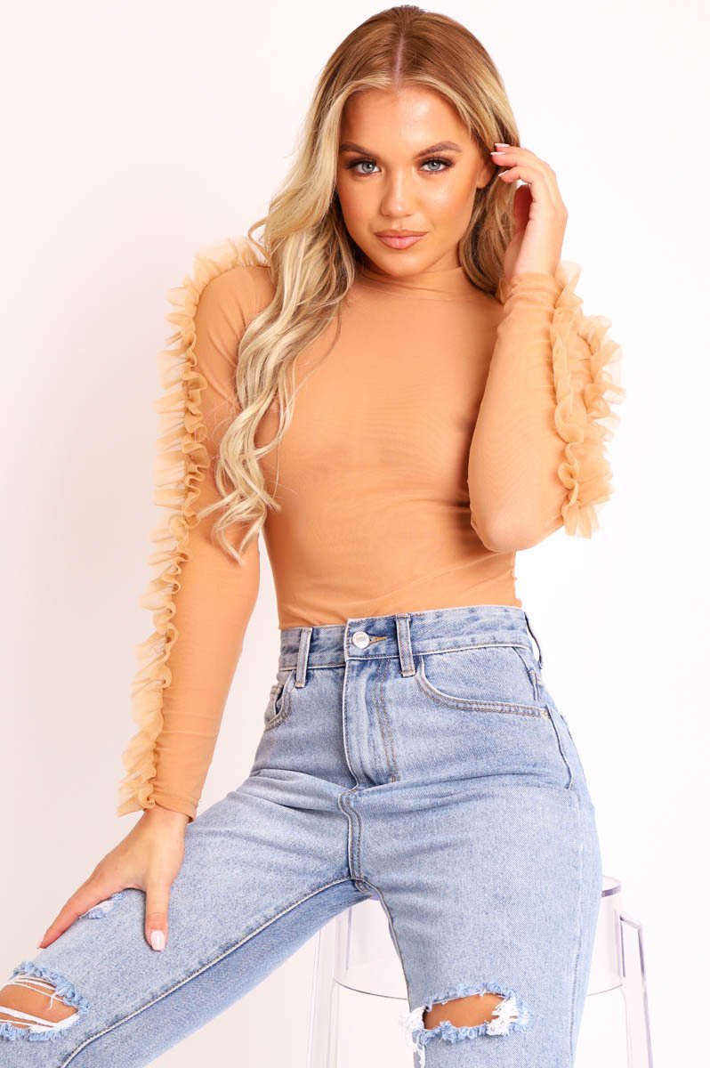 Nude Mesh High Neck Frill Sleeve Bodysuit - Carla-Bodysuits