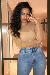 Nude Mesh High Neck Frill Sleeve Bodysuit - Carla-Bodysuits