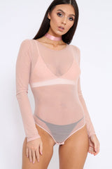 Nude Mesh Long Sleeved Bodysuit - Alesa-Bodysuits