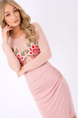 Nude Mesh Long Sleeved Embroidered Bodysuit - Bonnie-Bodysuits