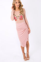 Nude Mesh Long Sleeved Embroidered Bodysuit - Bonnie-Bodysuits