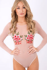 Nude Mesh Long Sleeved Embroidered Bodysuit - Bonnie-Bodysuits