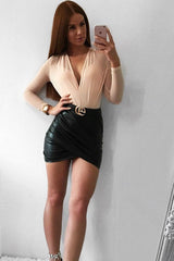 Nude Mesh Plunge Front Bodysuit - Eyra-Bodysuits