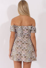 Nude Metallic Floral Print Mini Skater Dress - Oberon-Dresses