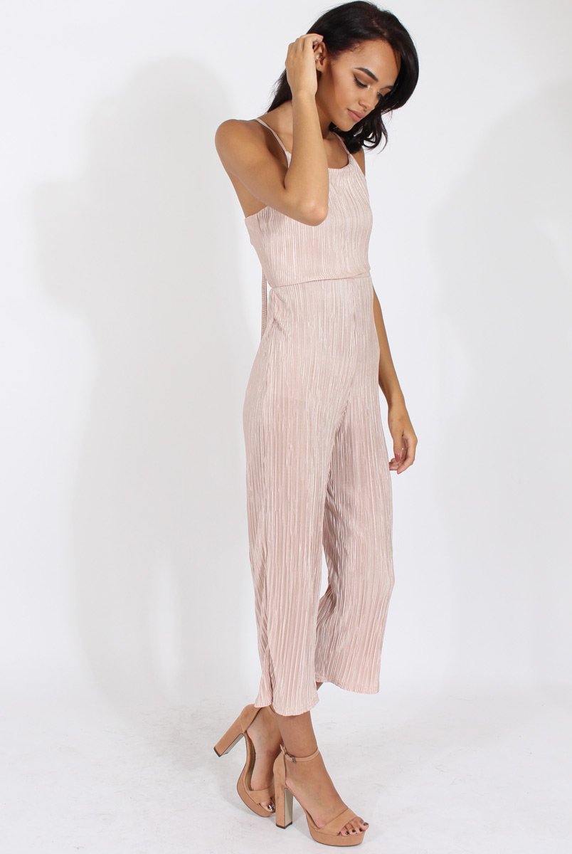 Nude Metallic Pleated Cropped Jumpsuit - Arabella-Jumpsuits