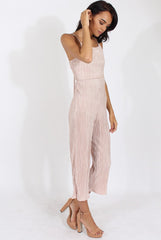 Nude Metallic Pleated Cropped Jumpsuit - Arabella-Jumpsuits