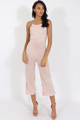 Nude Metallic Pleated Cropped Jumpsuit - Arabella-Jumpsuits