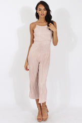 Nude Metallic Pleated Cropped Jumpsuit - Arabella-Jumpsuits