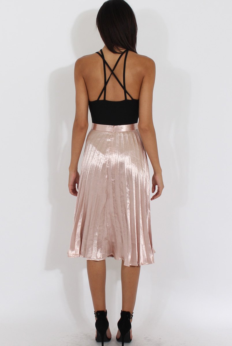 Nude Metallic Pleated Midi Skirt - Vera-Skirts