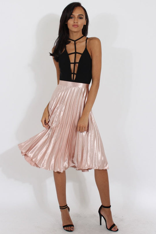 Nude Metallic Pleated Midi Skirt - Vera