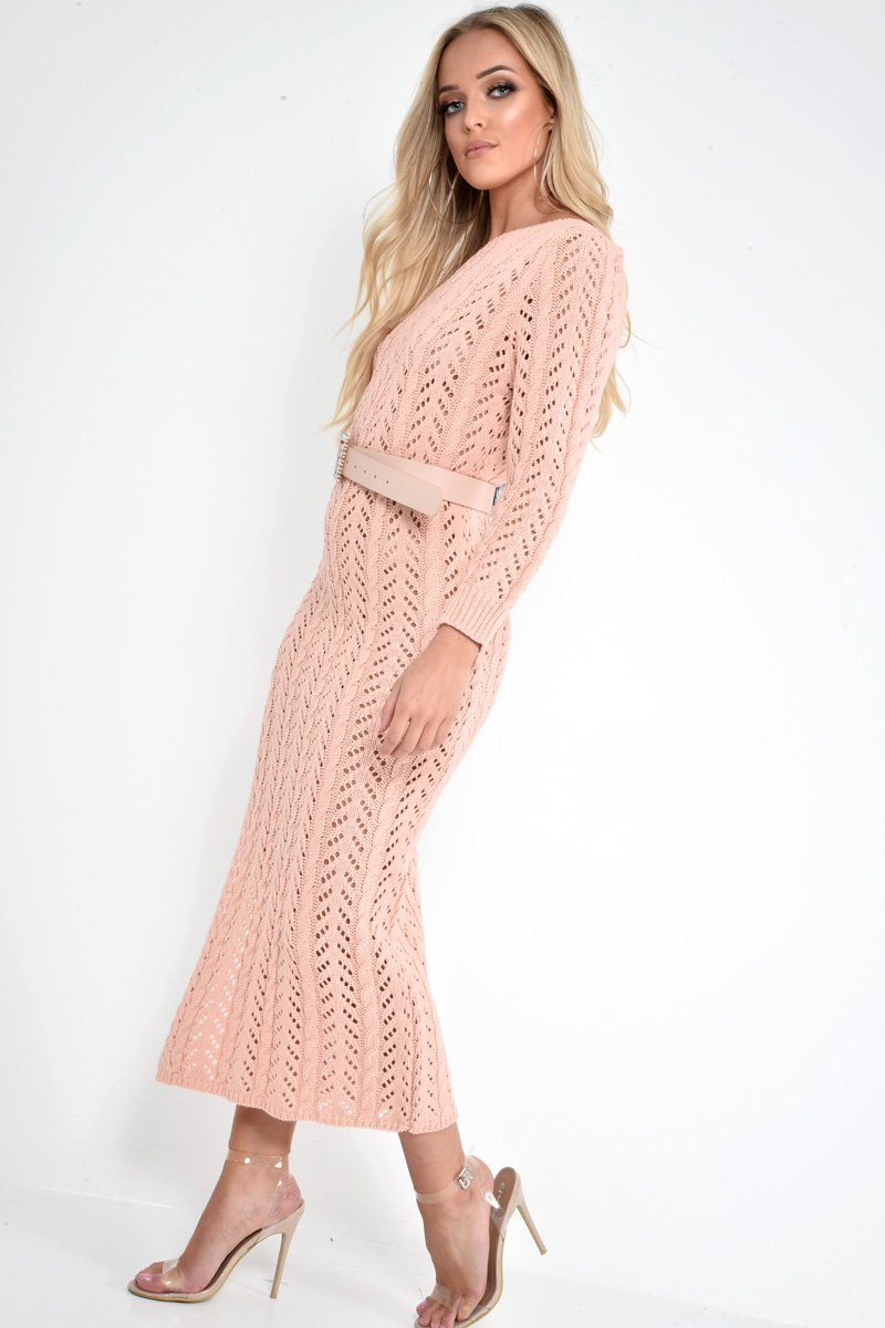 Nude One Shoulder Open Knit Maxi Dress - Dierra-Dresses